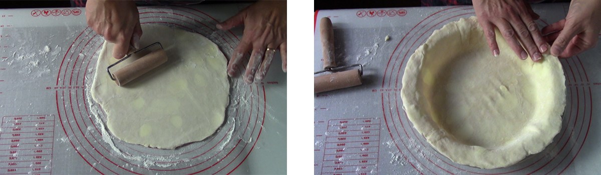 Stendere la pasta brisé per la pumpkin pie, utilizzando nella prima foto un rullino manuale. Nella seconda foto stendiamo la pasta brisé sulla teglia in vetro per pie.
