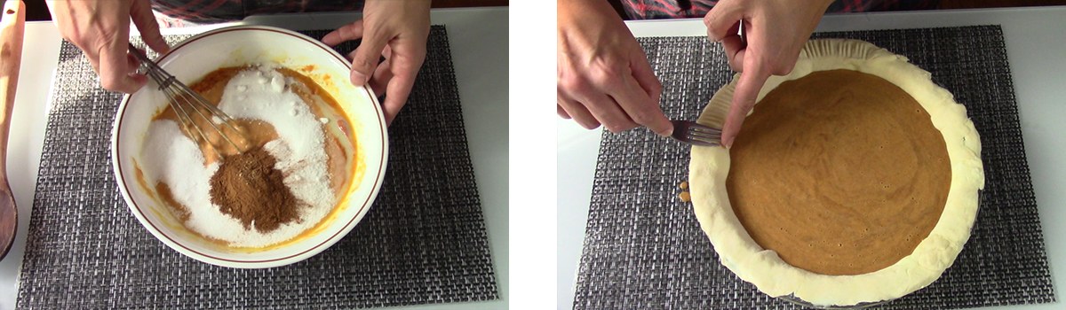 Preparazione dell'impasto con purea di zucca, zucchero e spezie. Nella seconda foto versiamo il composto nella teglia da pie edecoriamo i bordi.