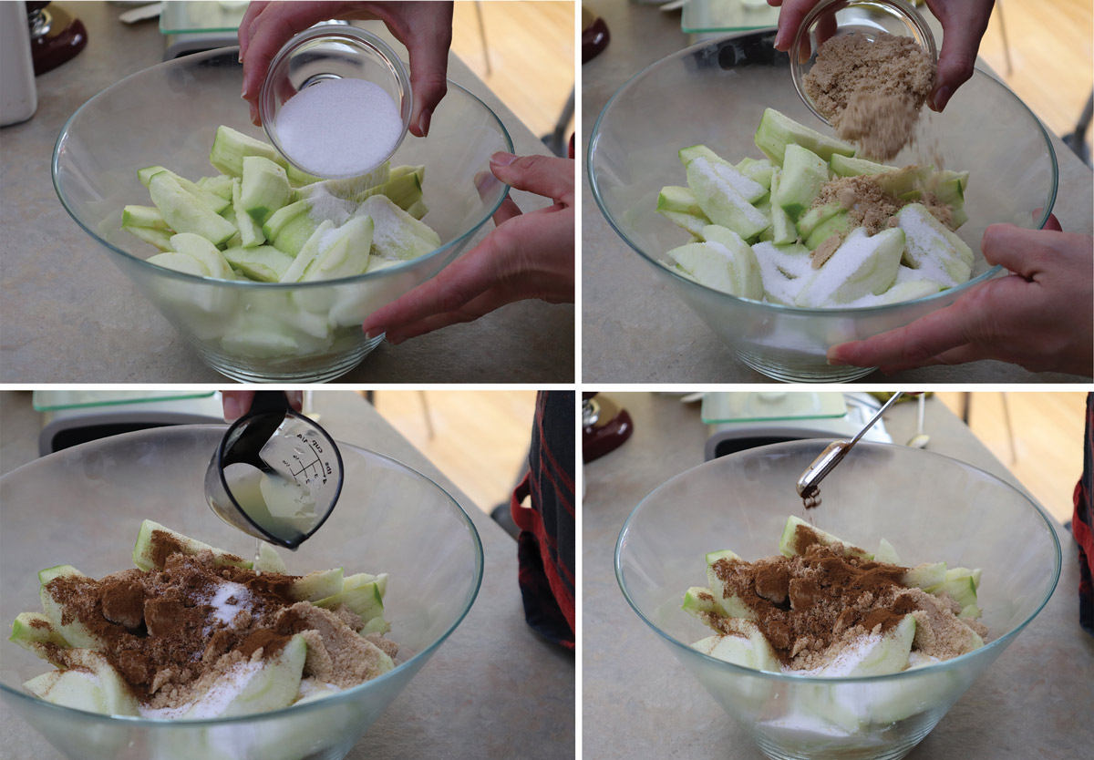 Preparazione delle mele per l'apple pie. Aggiunta dello zucchero, limone, spezie e sale.