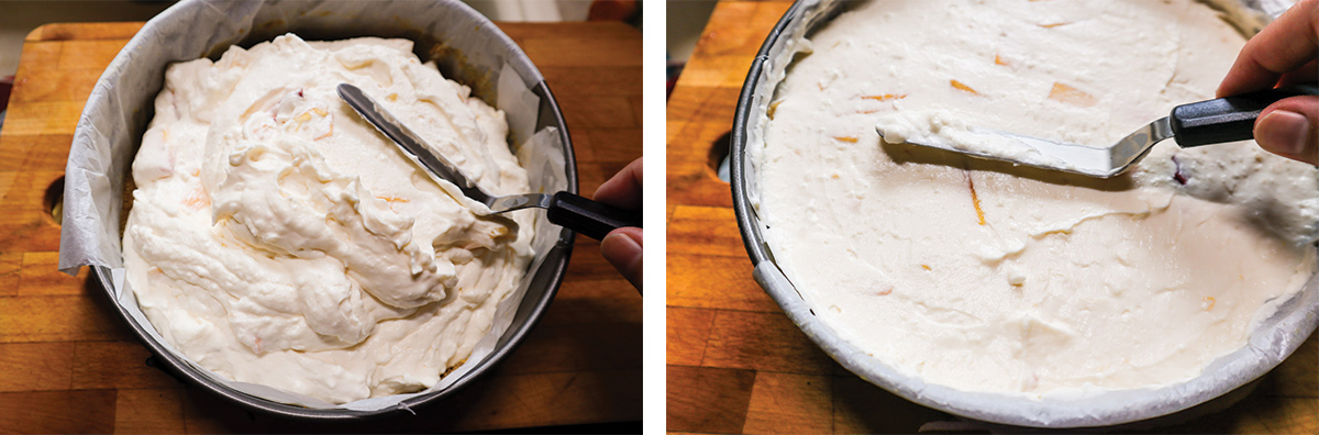 Ripieno di crema, preparazione del ripieno di panna, pesche e yogurt.