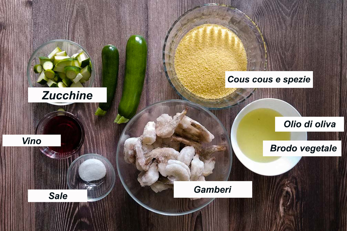Ingredienti per preparare il cous cous con gamberetti