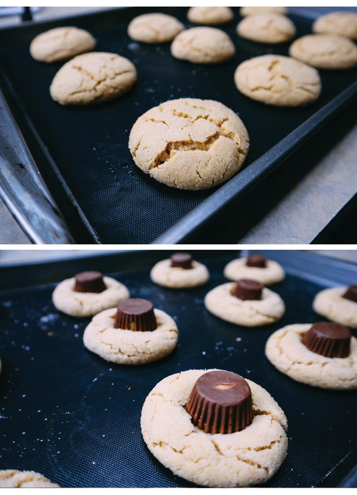 Cottura dei biscotti a base di burro di arachide. Inserimento del cioccolatino al centro del biscotto ancora caldo.