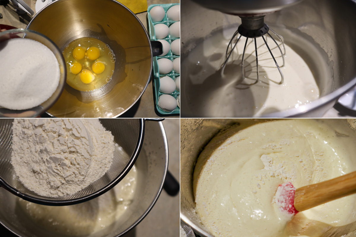 Preparazione del pan di spagna. Composto di uova e zucchero.