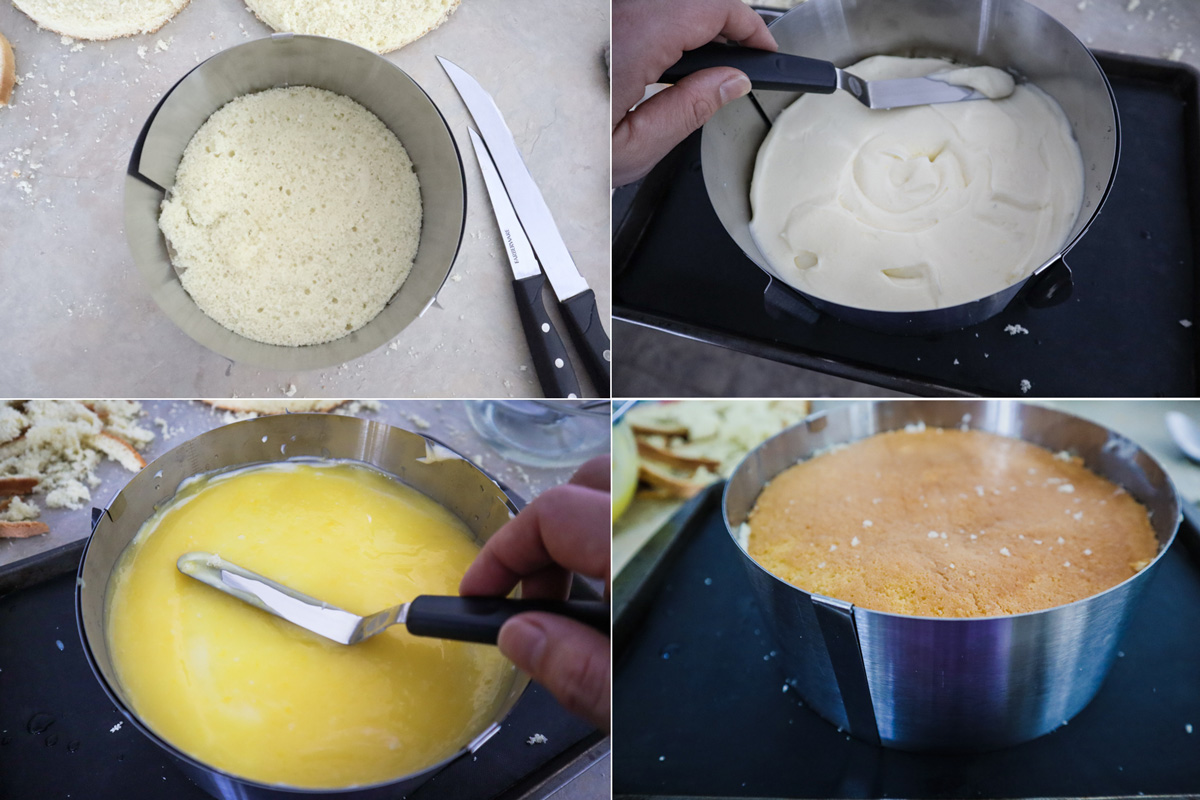 Composizione della Torta mimosa con crema chantilly mostrato strato per strato.