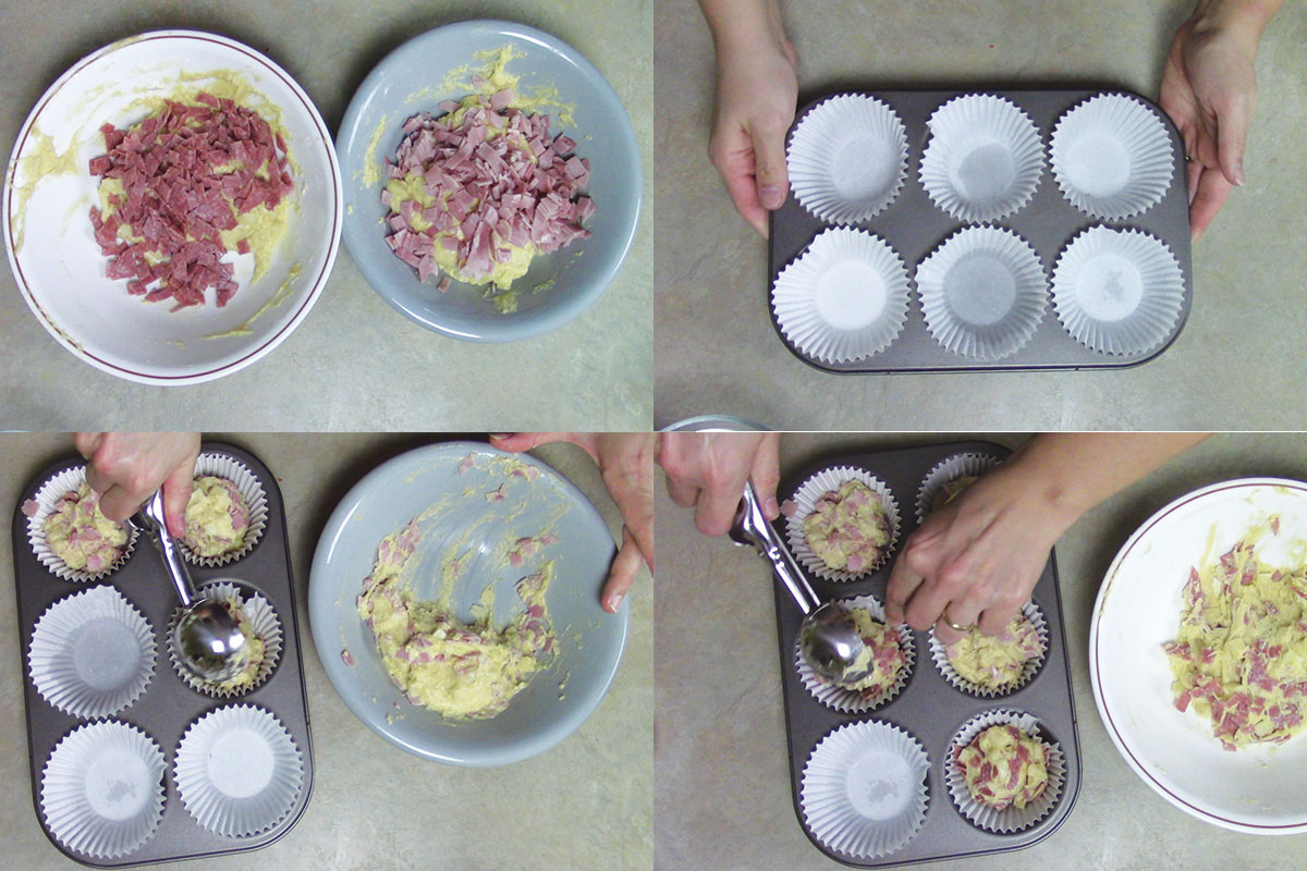 Muffin salati morbidissimi prosciutto e formaggio. Fase di realizzazione, preparazione dell'impasto, dei pirrottini e riempimento delle formine.